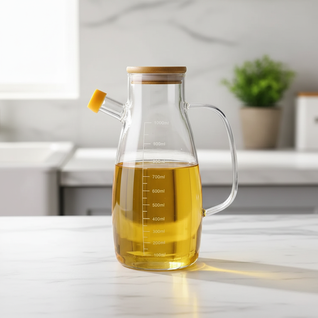 1L Glass Oil Dispenser With Bamboo Lid