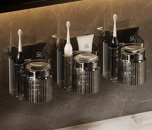 Acrylic wall mounted toothbrush holder with gargle cup for bathroom.