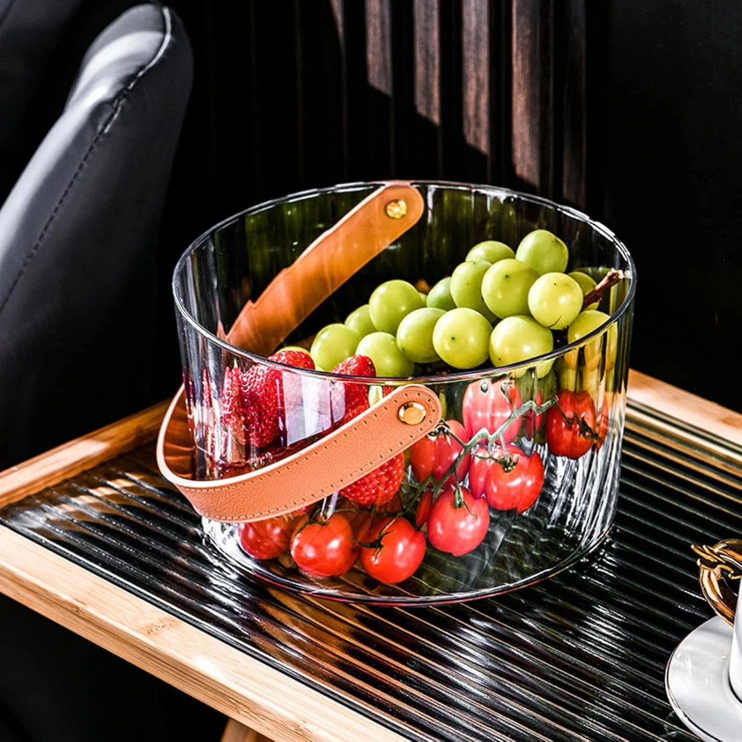 
Multipurpose fruit basket with ergonomic handle for serving, storage, and outdoor use