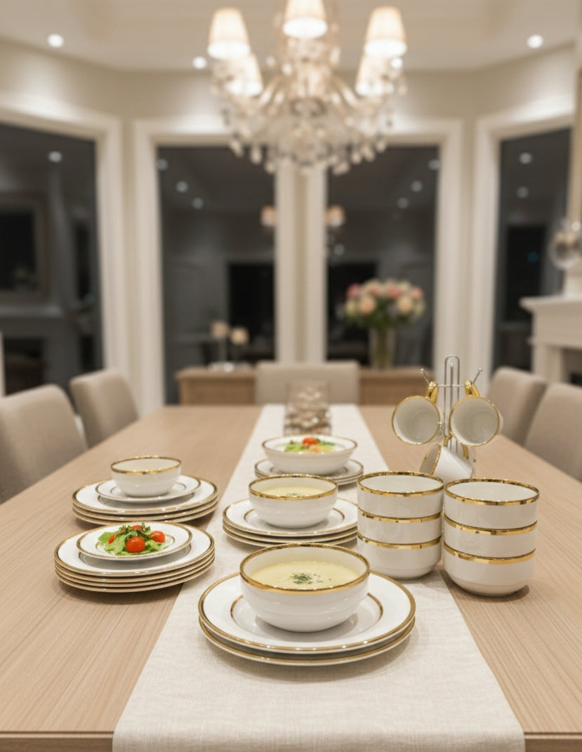 White and gold twenty four piece stackable dinner set.
