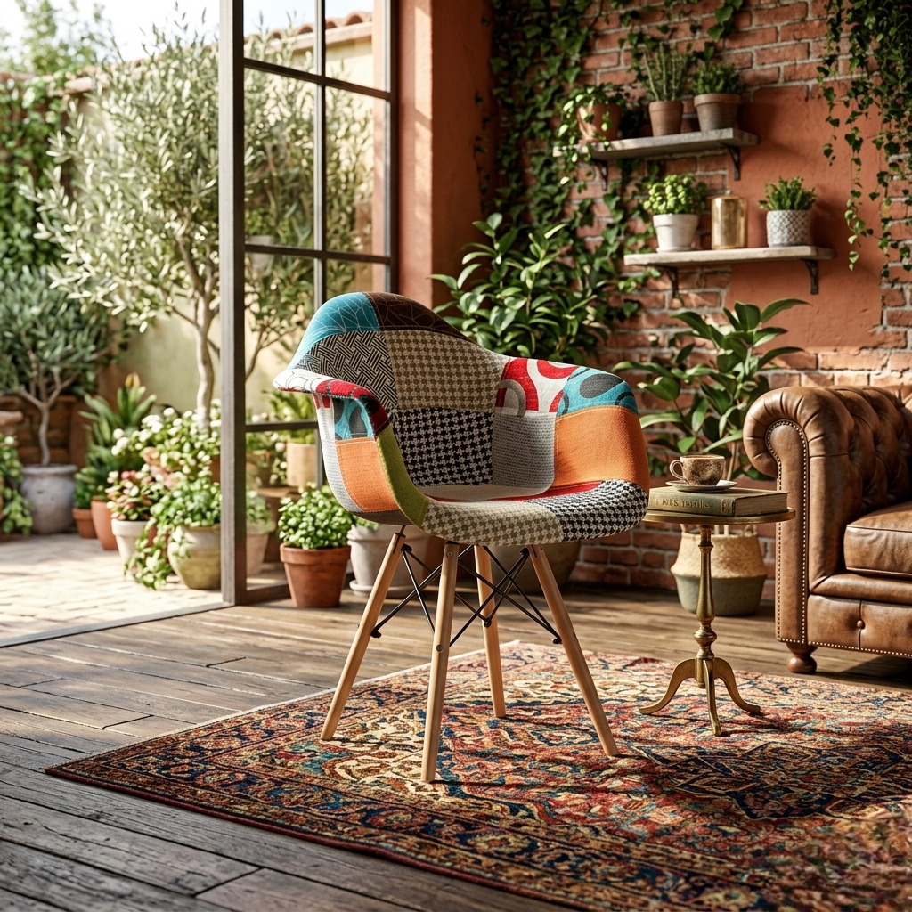 Patchwork Eiffel accent chair with cushioned seat and wooden legs for stylish and comfortable seating.