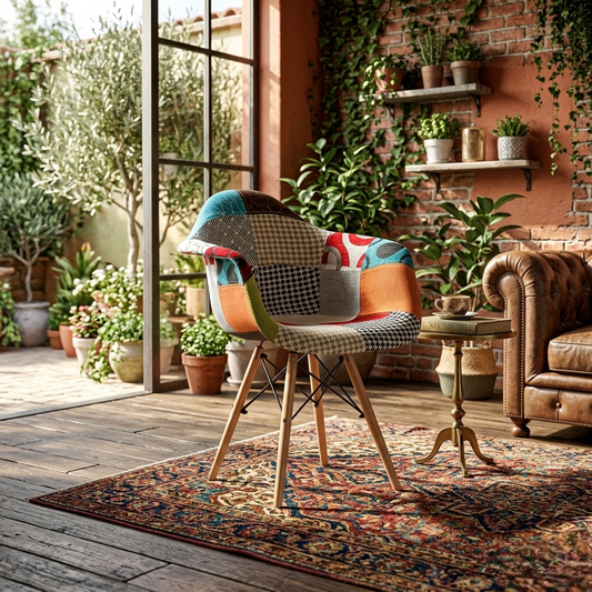 Patchwork Eiffel accent chair with cushioned seat and wooden legs for stylish and comfortable seating.