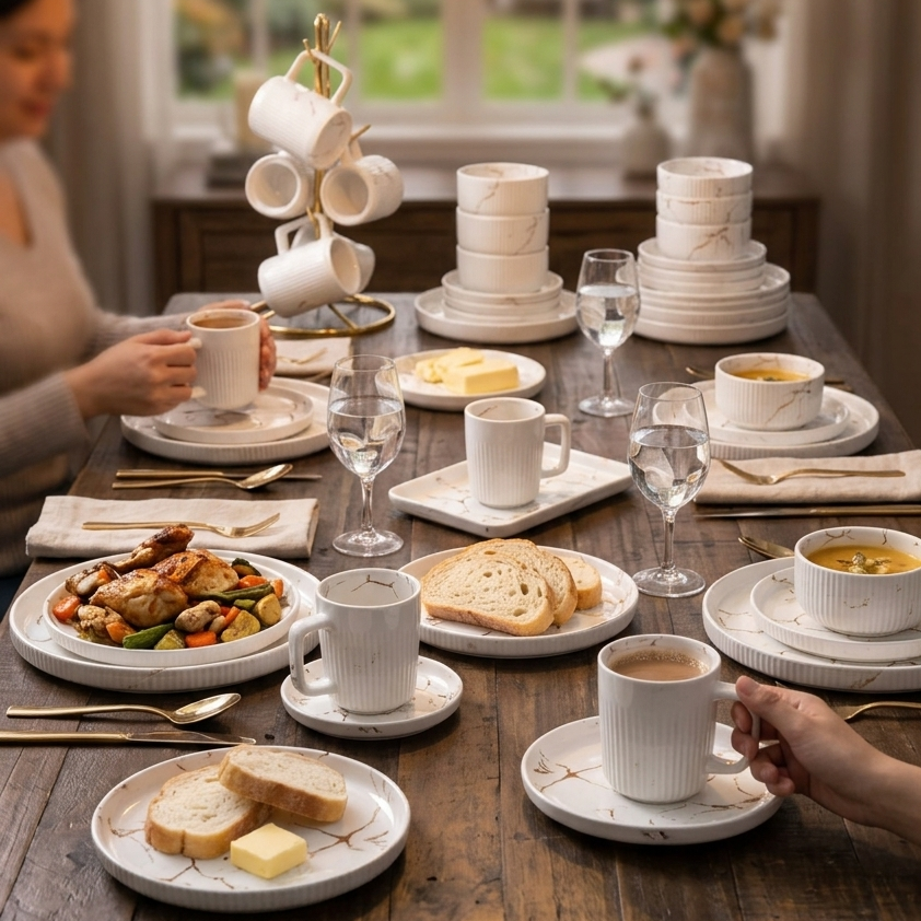 32 Piece Matte Stoneware Marble Finish Dinner Set