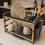 Premium 3 tier aluminium dish drainer with hard plastic components, available in silver and gold, measuring 60.9 × 57.2 × 26.7 cm.