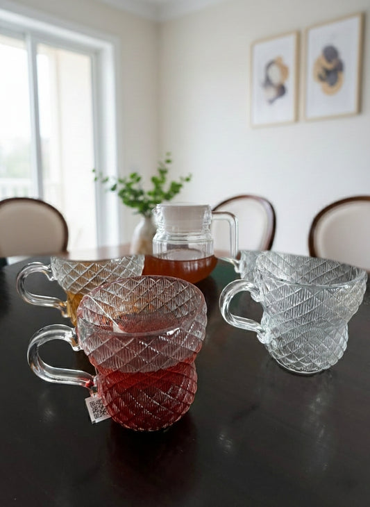 Five piece colored glass drinkware set for beverages