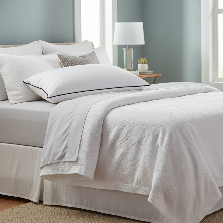 Piped Edged White Pillows With Manor Grey Trim