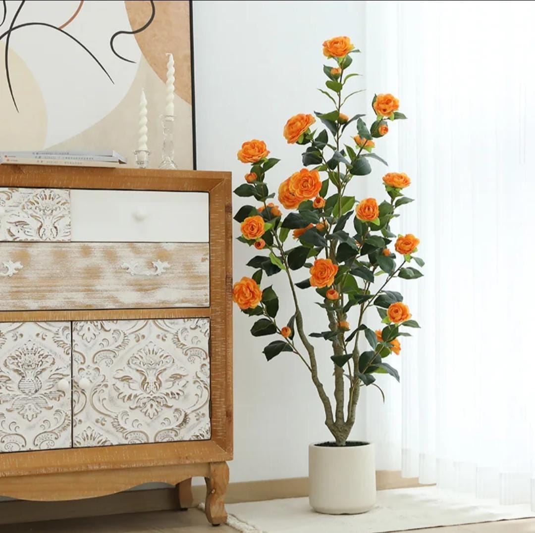 1.2 meter realistic artificial camellia tree with lush green leaves and colourful blossoms for indoor décor