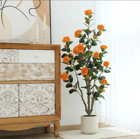 1.2 meter realistic artificial camellia tree with lush green leaves and colourful blossoms for indoor décor