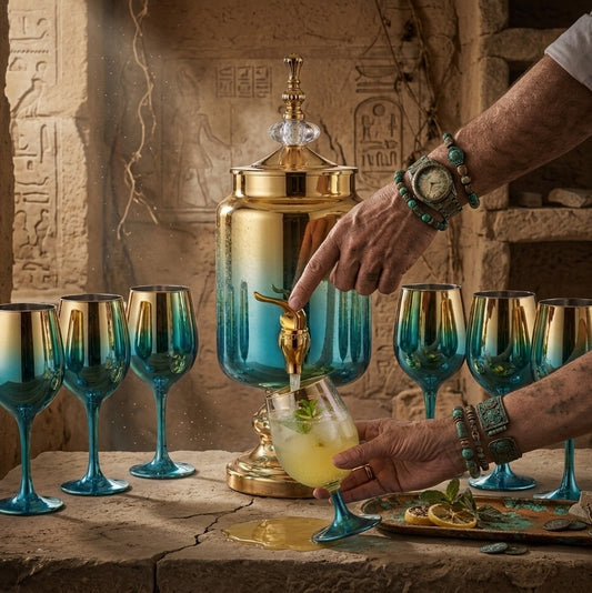 Glass juice dispenser set with 3 liter decanter and 6 glasses in gold and blue or black and gold design.