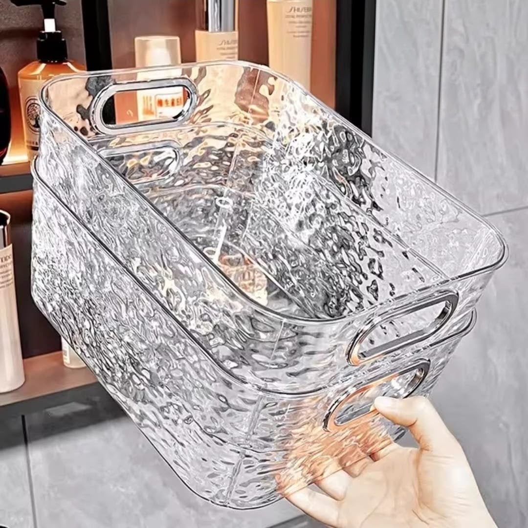 Transparent cosmetic organizer in clear design, multi-purpose storage for makeup and toiletries on vanity or bathroom counter