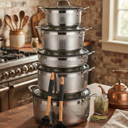 12 piece UCC LIFE Triply ribbed stainless steel cookware set with honeycomb non stick interior and clear glass lids for gas, electric, and induction cookers.
