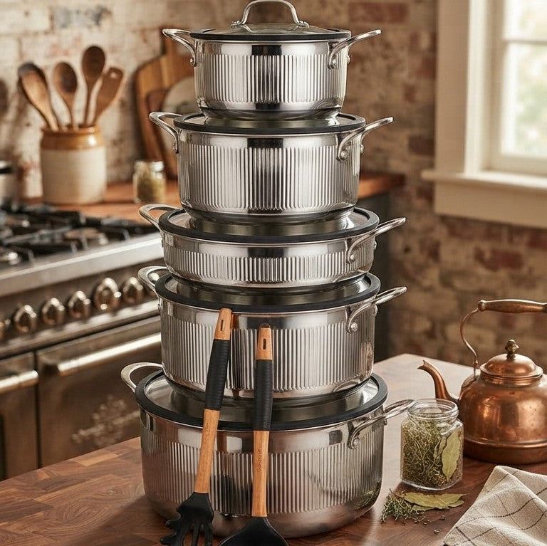 12 piece UCC LIFE Triply ribbed stainless steel cookware set with honeycomb non stick interior and clear glass lids for gas, electric, and induction cookers.