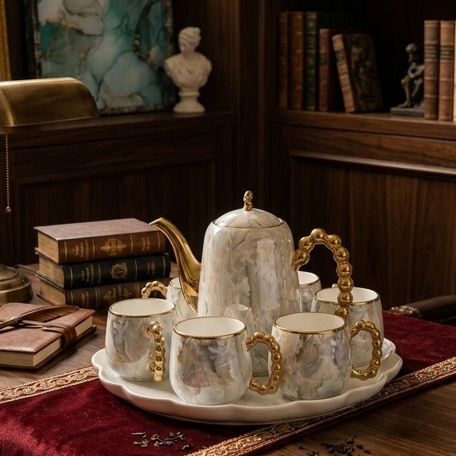 8Pc White Tea and Coffee Set with Golden Handles