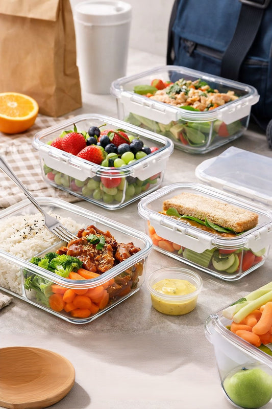Glass lunch boxes with airtight, leak-proof lids in 1100ML and 650ML sizes