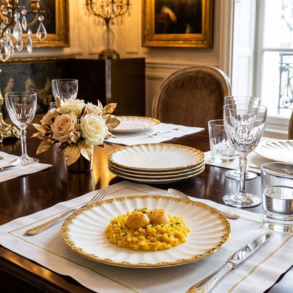 10 inch ceramic shell design dinner plate with elegant gold detailing for luxury table presentation. 🍽️✨