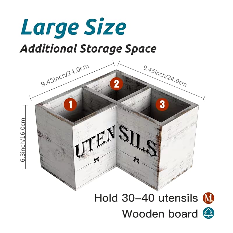 Wooden Kitchen Utensils Holder with White Rustic Finish
