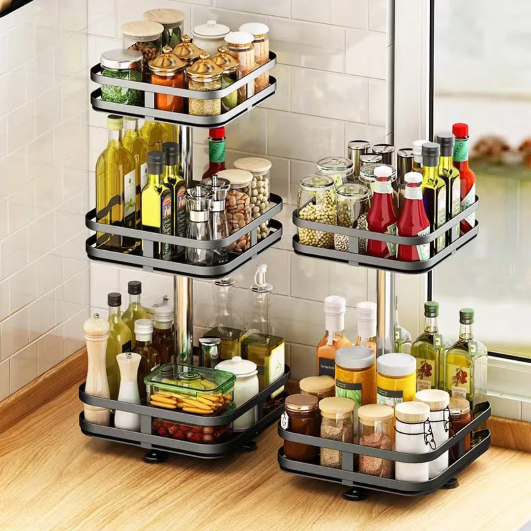 3 Tier square Metallic  Rotating Spice Rack