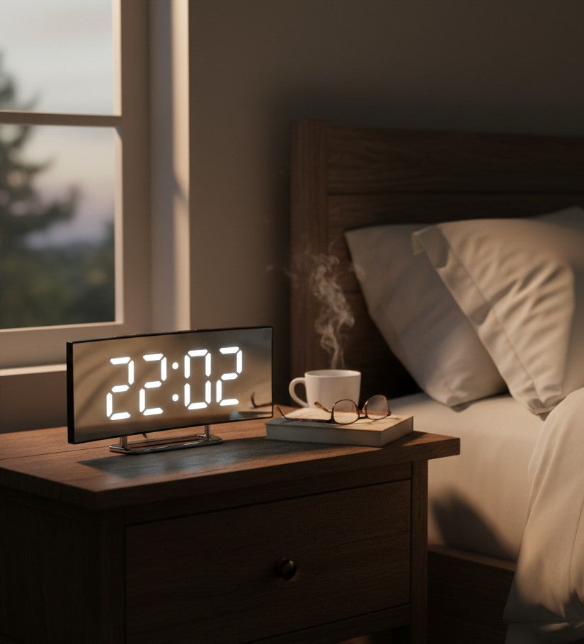 Digital LED bedside alarm clock with 7-inch curved screen, snooze, night light, and USB charging