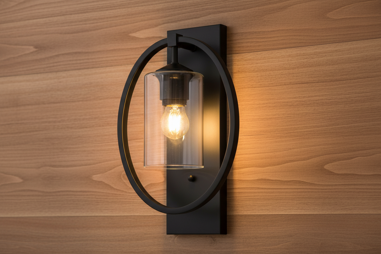 Black iron and clear glass wall lamp, modern E27 indoor decorative lighting fixture