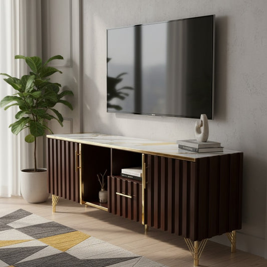 Chocolate TV stand with marble sheet top