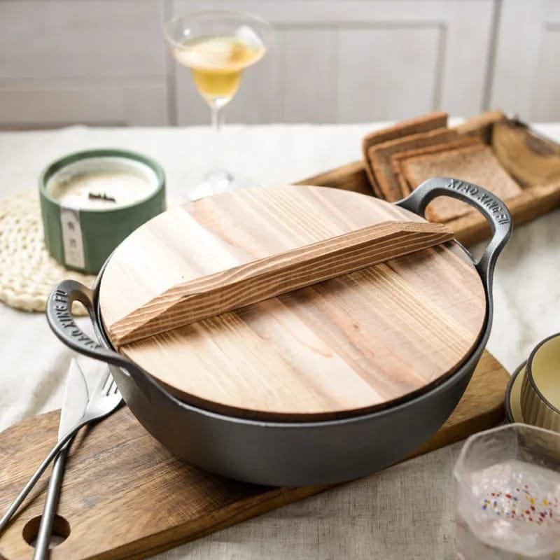 Cast Iron Flat Bottom Wok with Wooden Lid – 30cm