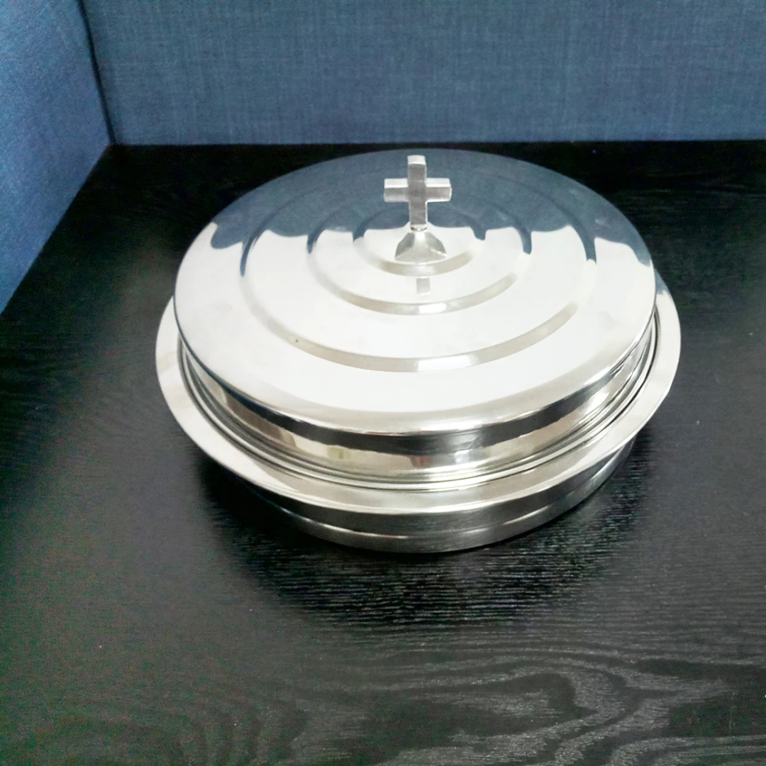Holy communion set with lid, holder, and 40 acrylic cups arranged for church use.