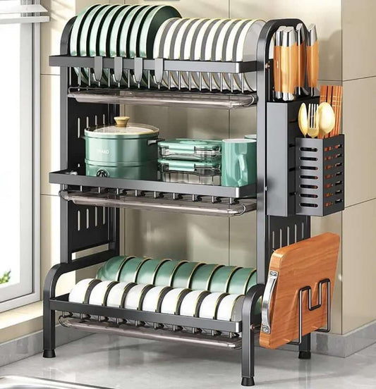 Multifunction kitchen dish drainer rack with compartments for bowls, cups, and cutlery