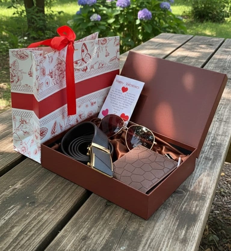 Valentines men gift pack with sunglasses, wallet, belt, cufflinks, gift card, box and bag in black and brown