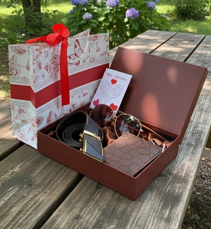 Valentines men gift pack with sunglasses, wallet, belt, cufflinks, gift card, box and bag in black and brown
