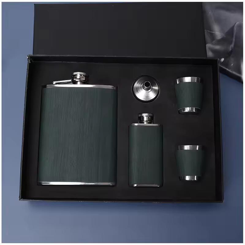 Leather-Covered Whiskey Flask Gift Set