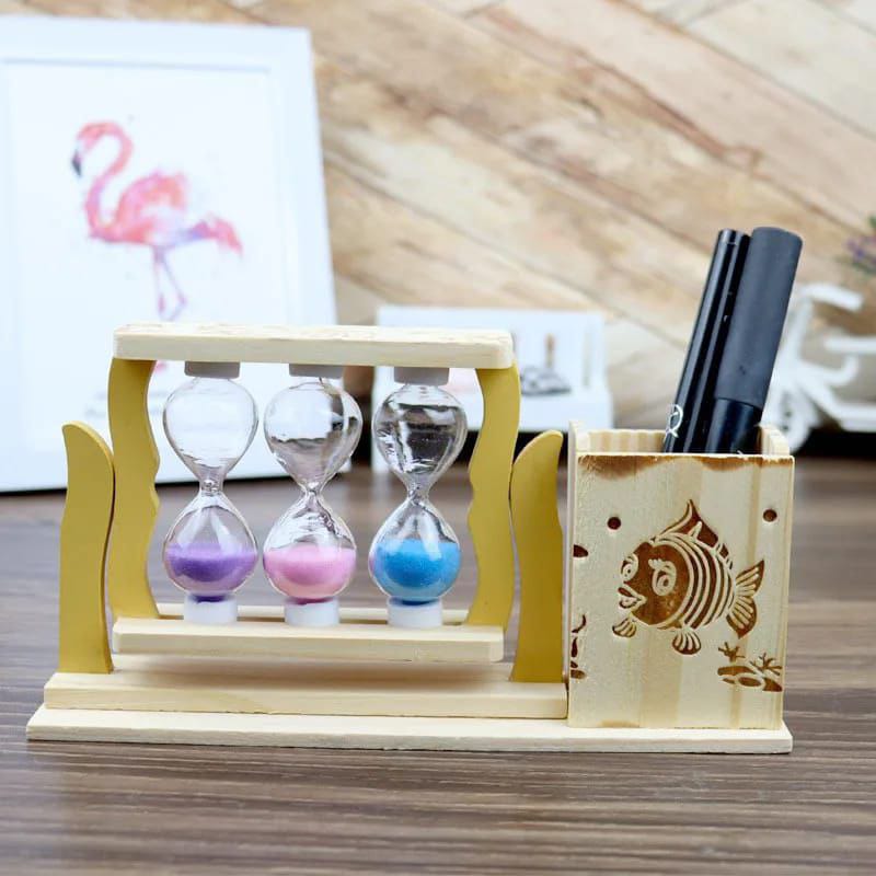 Handicraft Wooden Pen Stand with 3-Hourglass Timer