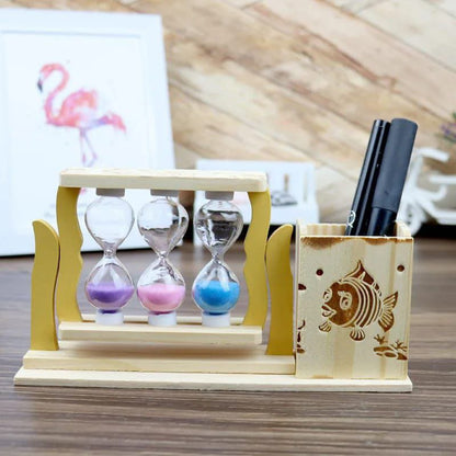 Handicraft Wooden Pen Stand with 3-Hourglass Timer