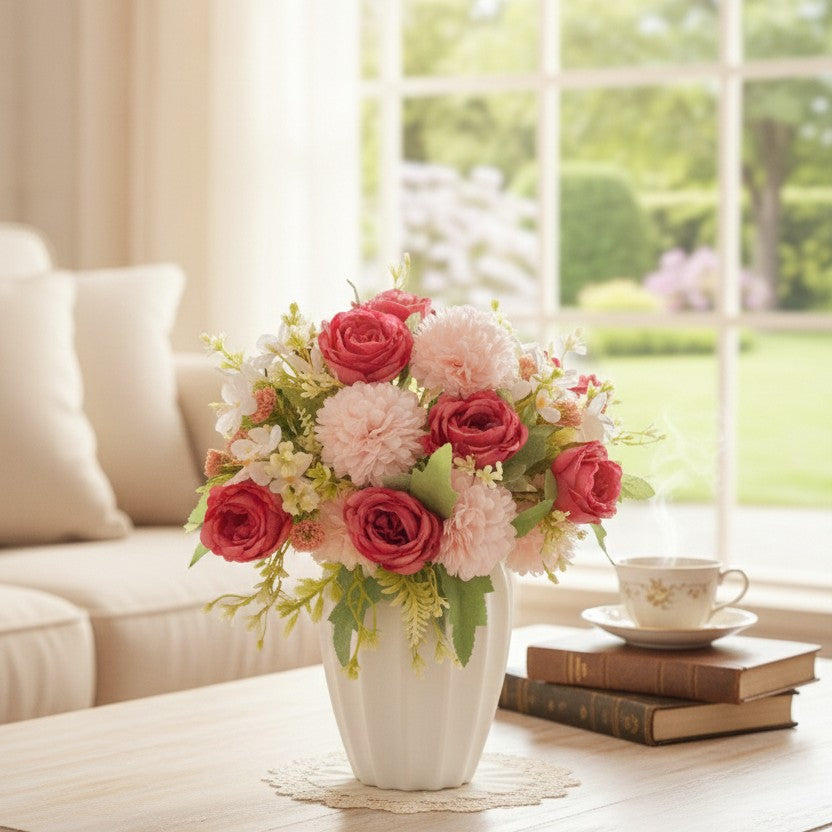 Artificial flowers arranged in a plastic vase.