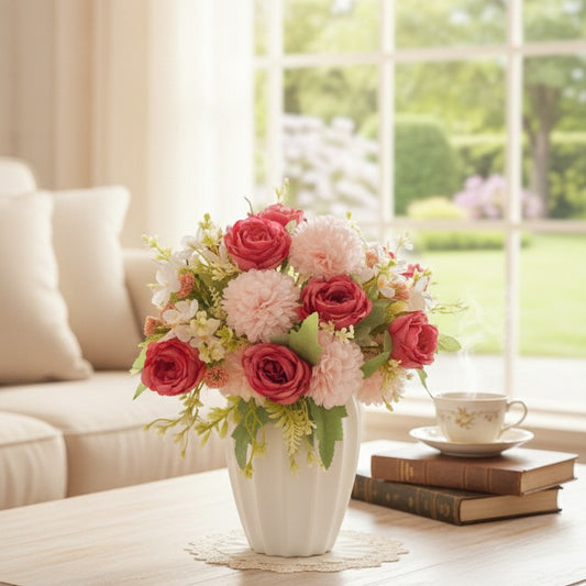 Artificial flowers arranged in a plastic vase.