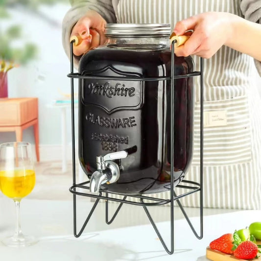 Glass juice dispenser with metallic stand available in 5L and 8L capacities