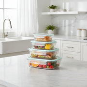 4 piece glass food storage container set with 370ml, 640ml, 1040ml and 1520ml capacities