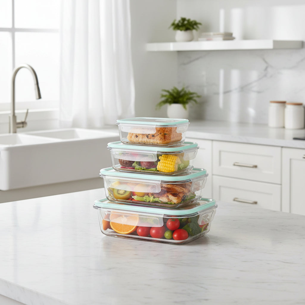 4 piece glass food storage container set with 370ml, 640ml, 1040ml and 1520ml capacities