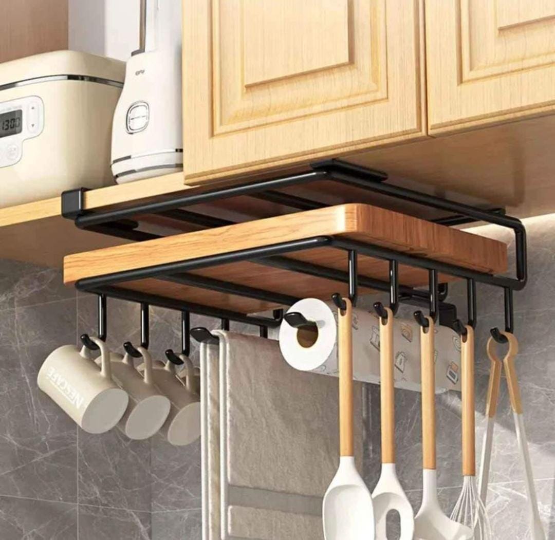 Black under cabinet double-layer kitchen storage rack with hanging hooks