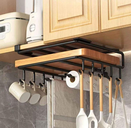 Black under cabinet double-layer kitchen storage rack with hanging hooks