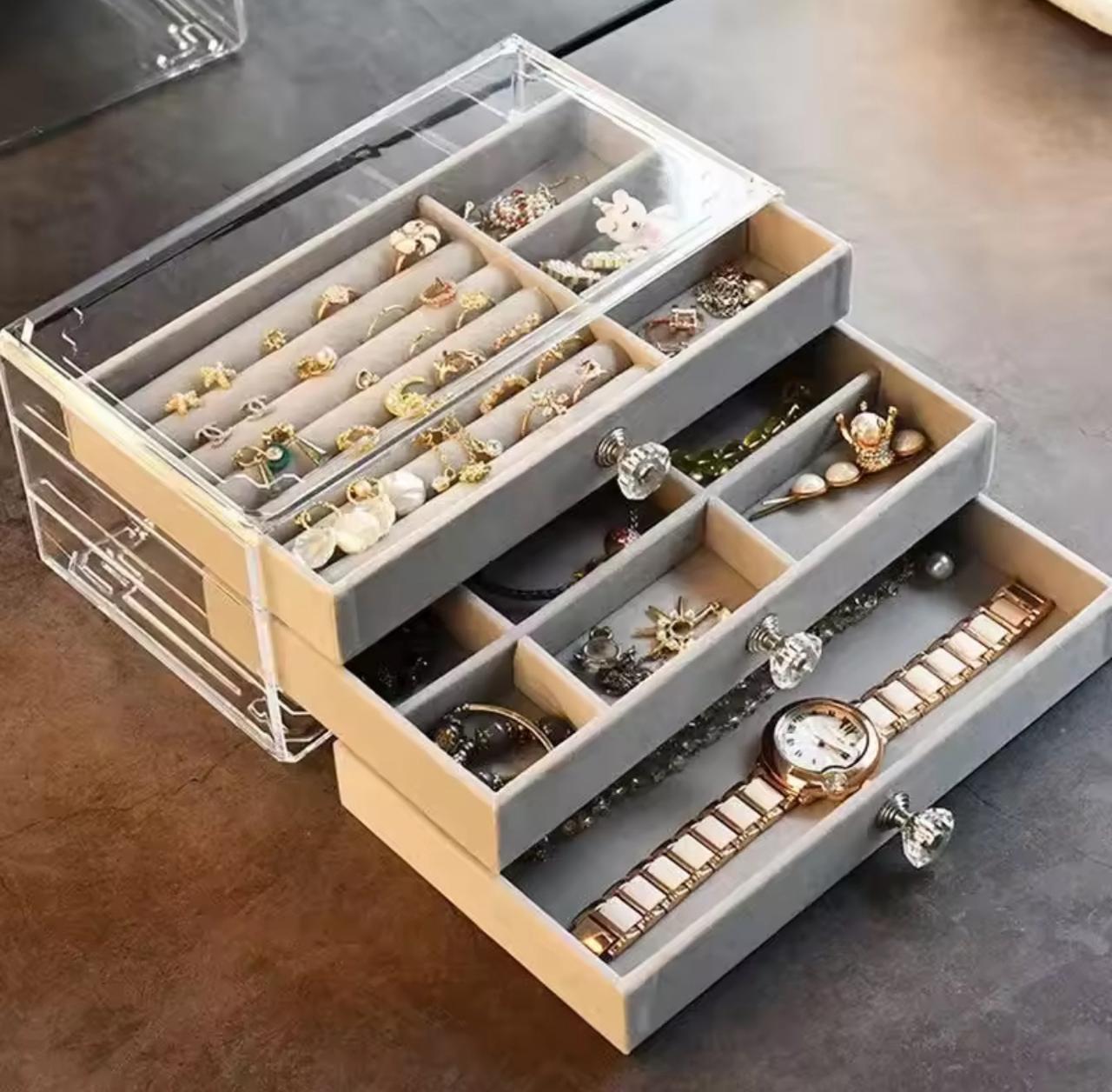 Grey three layer flannel jewelry box drawer for storing earrings necklaces and rings