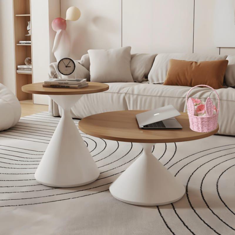 2 in 1 modern marble coffee table set with shiny glassy top and brown or creme base.