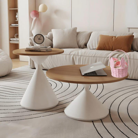 2 in 1 modern marble coffee table set with shiny glassy top and brown or creme base.