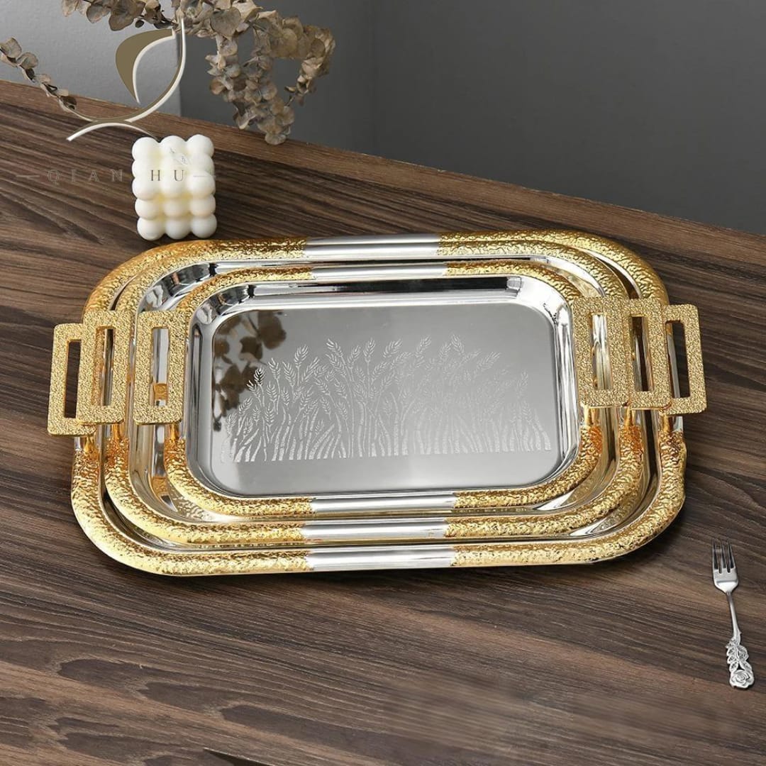 3pcs Rectangular Stainless Steel Serving Trays with Gold Handles