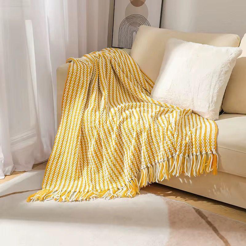 Boho embroidered throw blanket in mustard, light grey, and deep khaki, size 130×170 cm