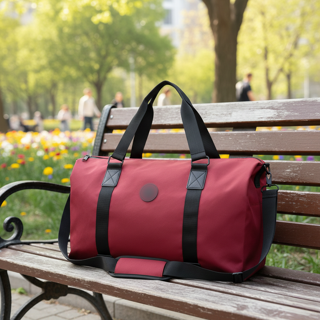 Multifunctional travel and gym duffel bag available in wine red, black, grey, and navy blue measuring 42 x 18 x 32cm
