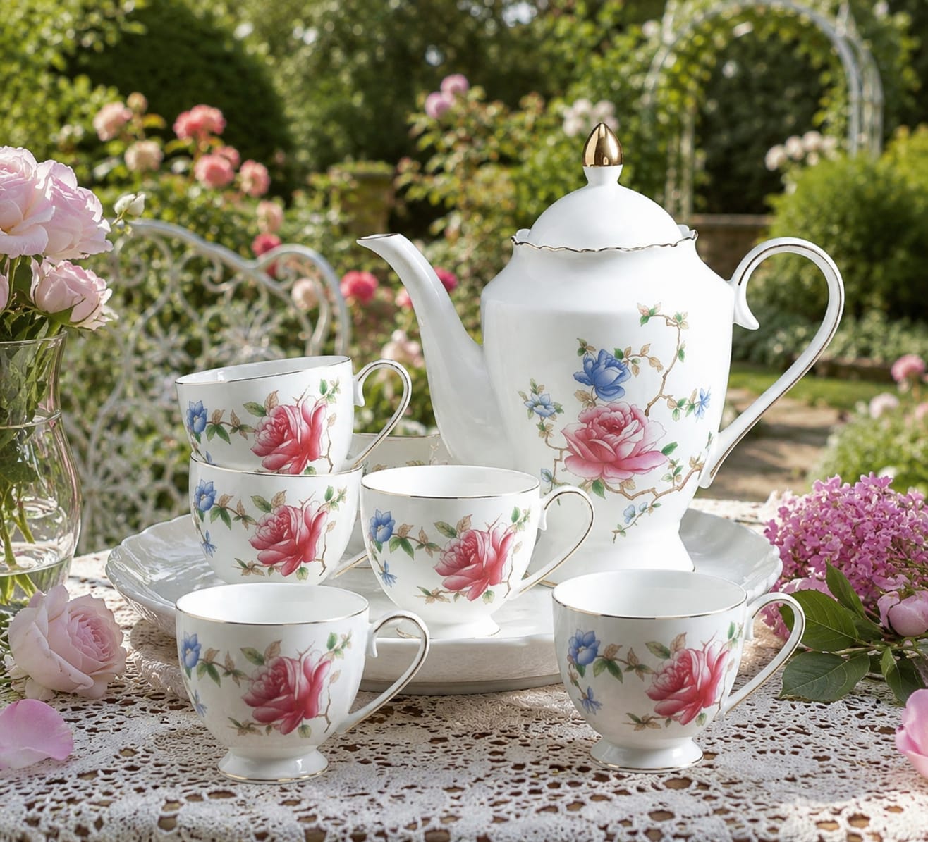 Porcelain Tea Set with Rose Pattern 8pcs Rotating Tray
