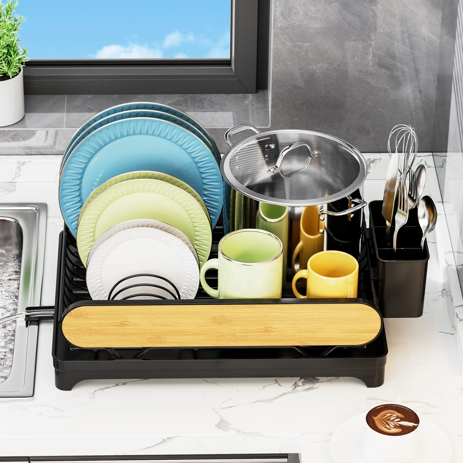 Compact Dish Drying Rack with Drainage Tray