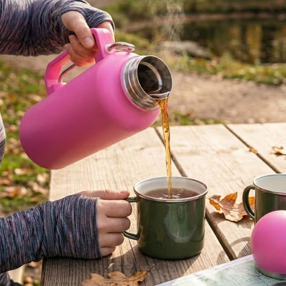 Pink stainless steel flask with cup and spoon, 1300ml insulated beverage container