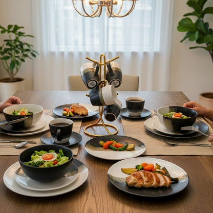 24 pieces Dinner set with cups, bowls, side plates, and dinner plates arranged on a table.