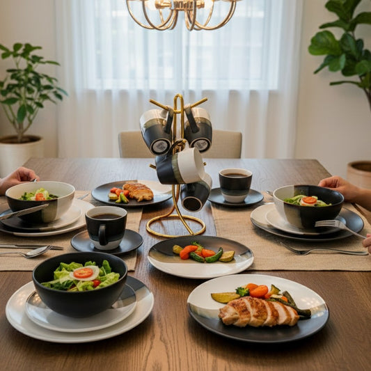 24 pieces Dinner set with cups, bowls, side plates, and dinner plates arranged on a table.
